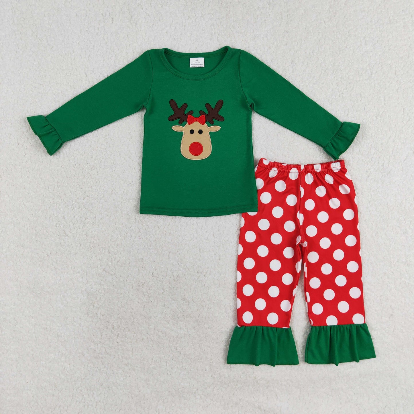 GLP1301 RTS Embroidered Reindeer Green Lace Long sleeve Red striped pants pajama set