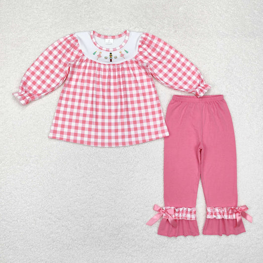 GLP1306 Embroidered Christmas nutcracker pink plaid long-sleeved pantsuit