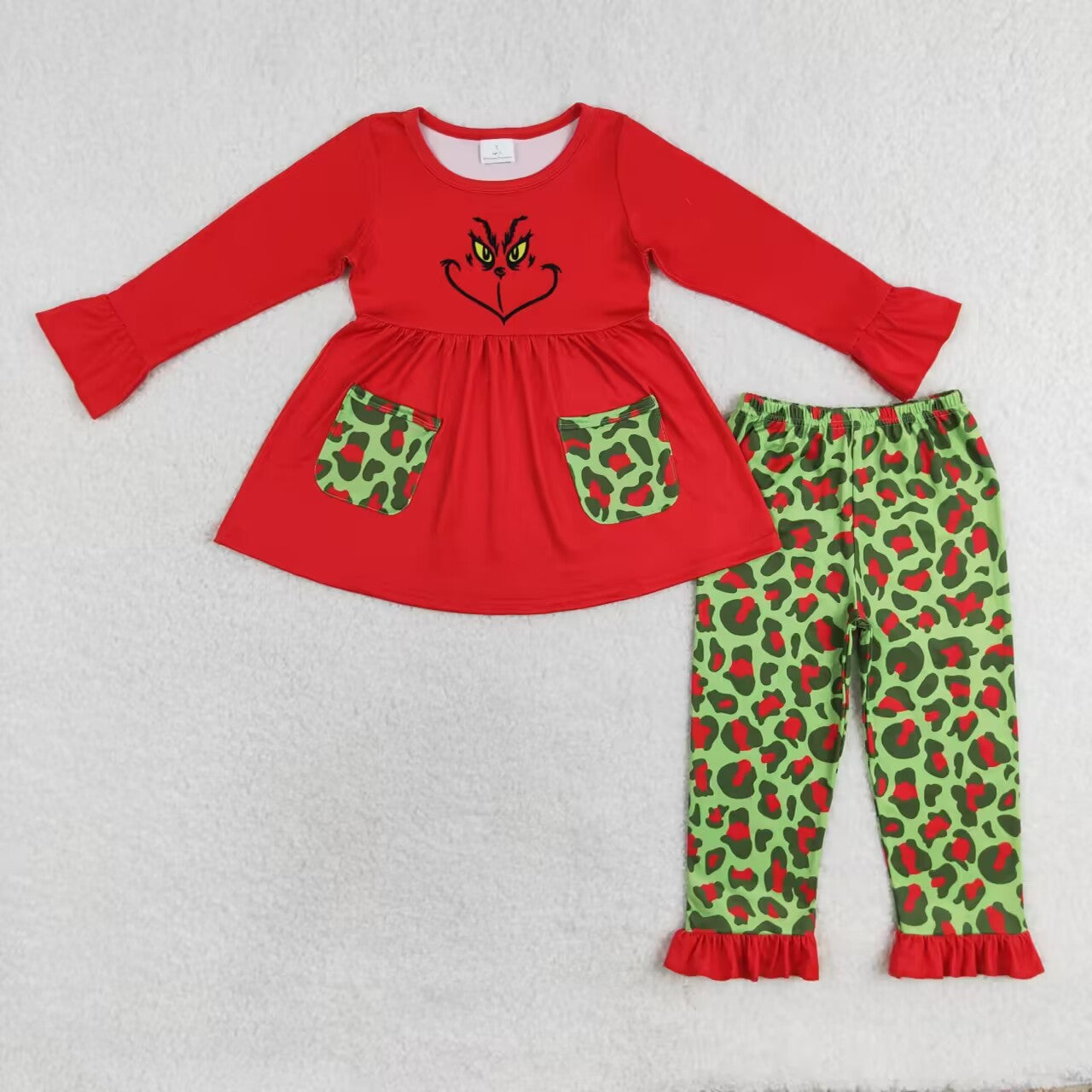 GLP1322 RTS grinch Red Lace pockets red and green leopard print long sleeve pantsuit