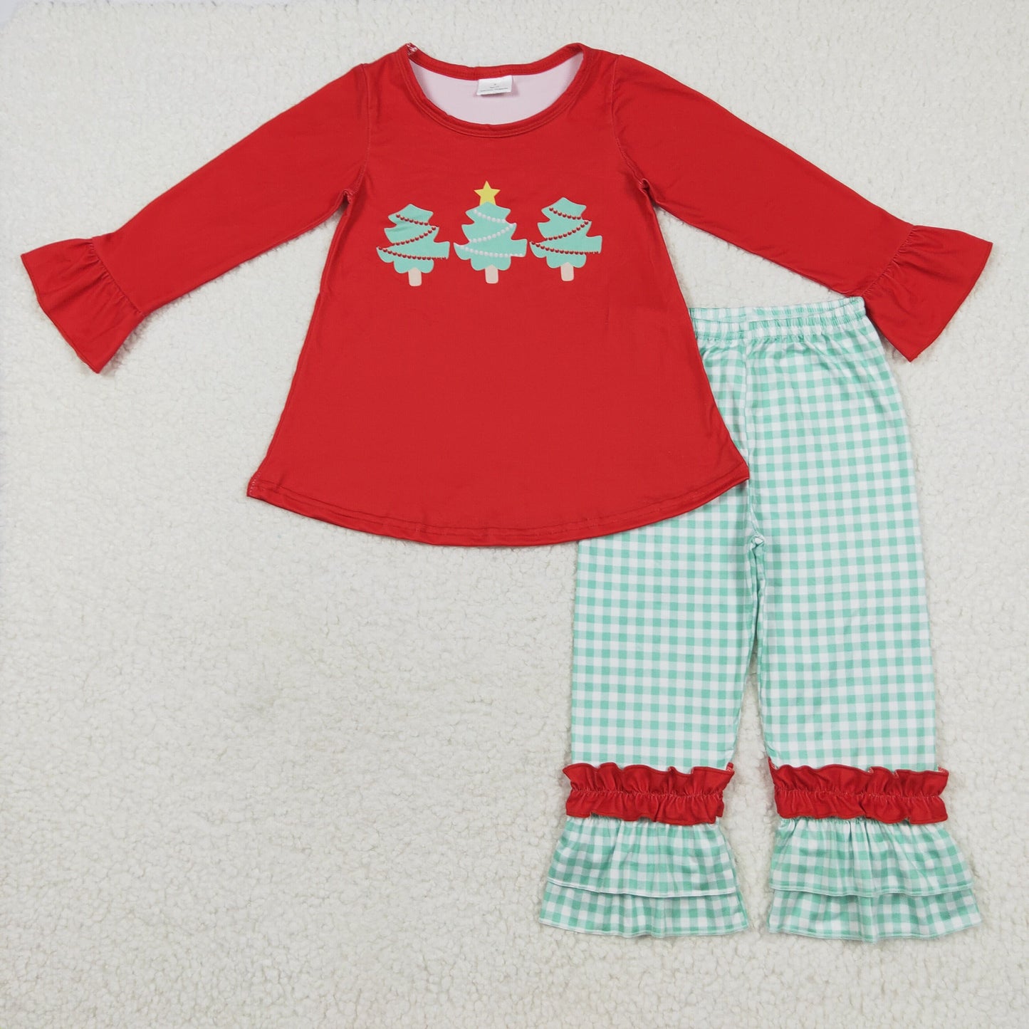 GLP1331 NO MOQ Christmas Tree Red Long sleeve Green plaid lace pantsuit