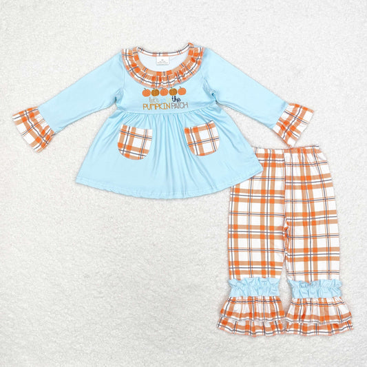 GLP1349 pumpkin patch Orange plaid pocket lace Blue long sleeve pantsuit