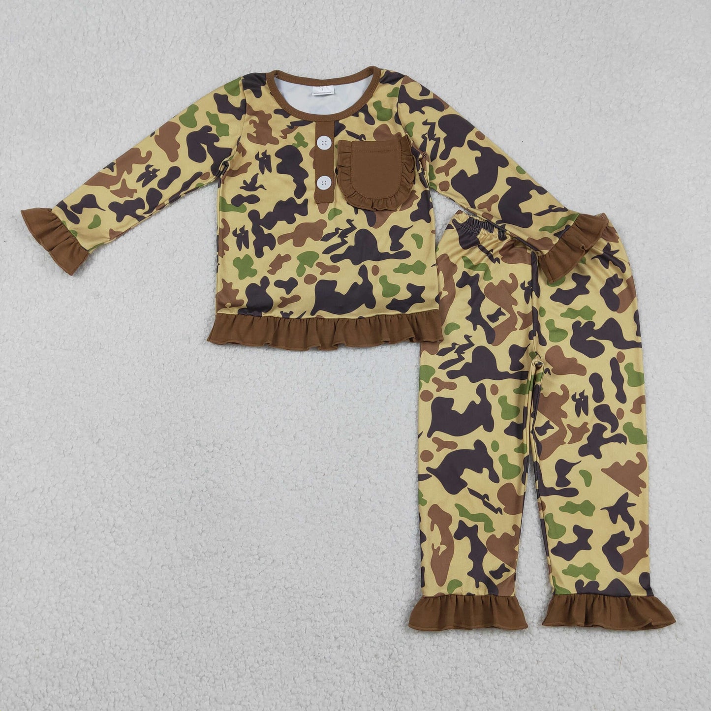 GLP1355 Brown Pocket Camouflage Ruffle Long Sleeve Pants Girls Pajama Set 202512 RTS