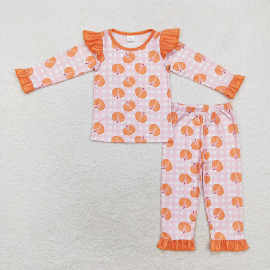GLP1362 Modal pumpkin pink plaid long-sleeved pant pajama set