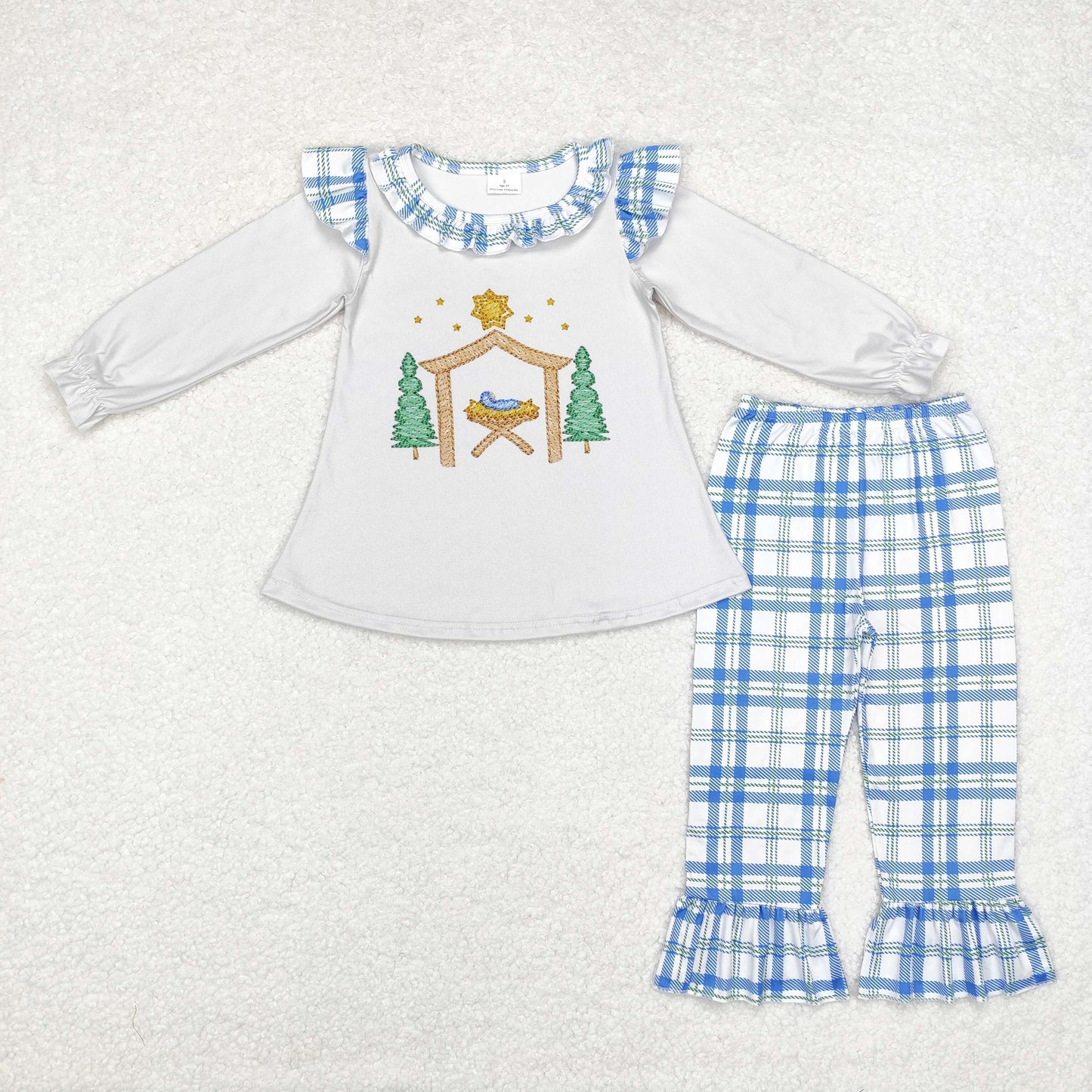 GLP1381 Christmas Tree Jesus light gray long sleeve blue plaid lace trouser suit