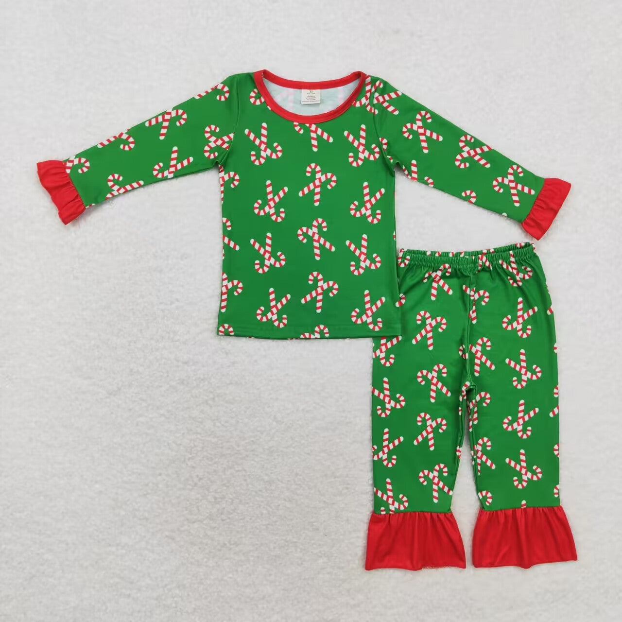 GLP1387 Modal Santa Crutch Red Lace Green long sleeve pants pajamas set