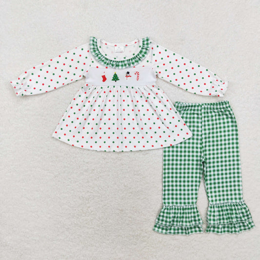 GLP1395 Embroidered Christmas Tree Snowman crutch polka dot Green plaid lace White long sleeve pantsuit