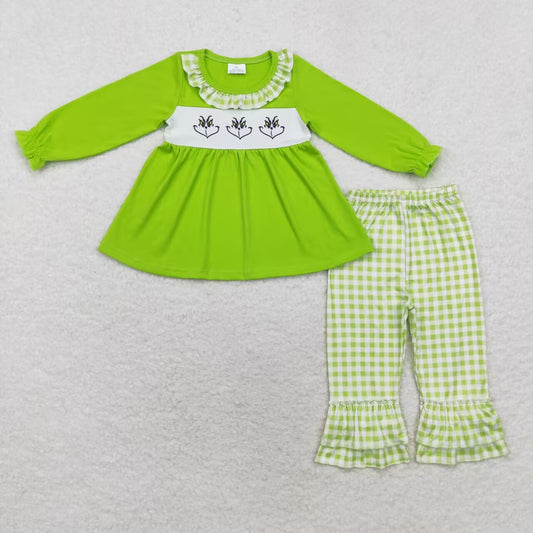 GLP1399 grinch Smiley green plaid lace long-sleeved pantsuit