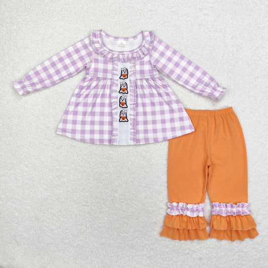GLP1434 Embroidery Ghost Pumpkin Purple plaid lace Long sleeve Orange pant set high quality wholesale