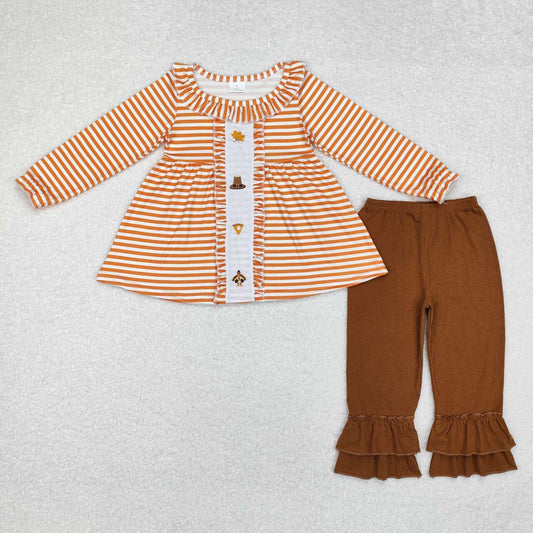 GLP1435 Embroidered leaf hat Cake Turkey Orange Striped Lace Long sleeve Brown pant set High quality