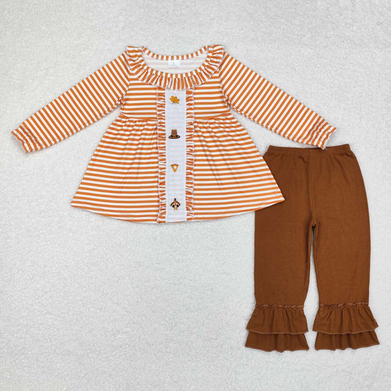 GLP1435 Embroidered leaf hat Cake Turkey Orange Striped Lace Long sleeve Brown pant set High quality