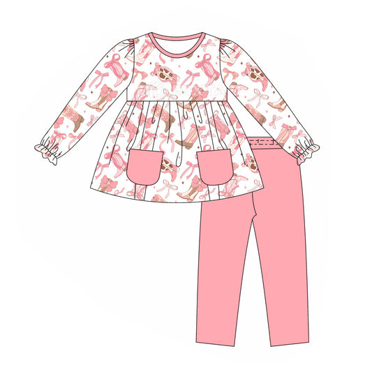 Preorder GLP1467 NO MOQ bow patterned boots Pink pockets White long sleeve pants suit