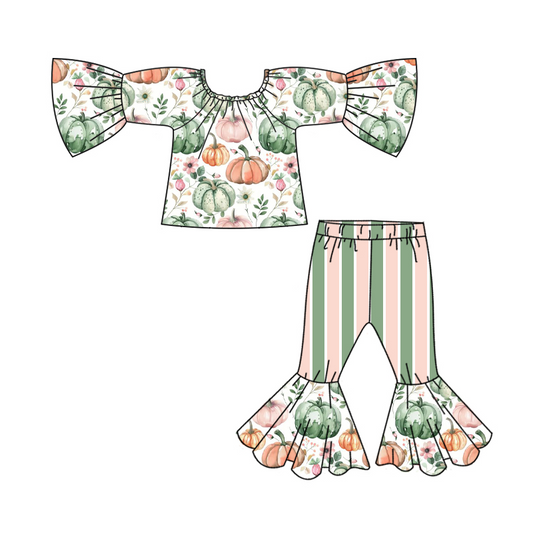 Preorder GLP1469 NO MOQ Pumpkin Flower embroidered pink green striped pantsuit