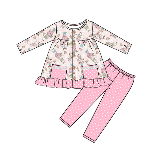 Preorder GLP1471 NO MOQ Christmas Nutcracker polka Dot Lace pocket pink long sleeve pantsuit