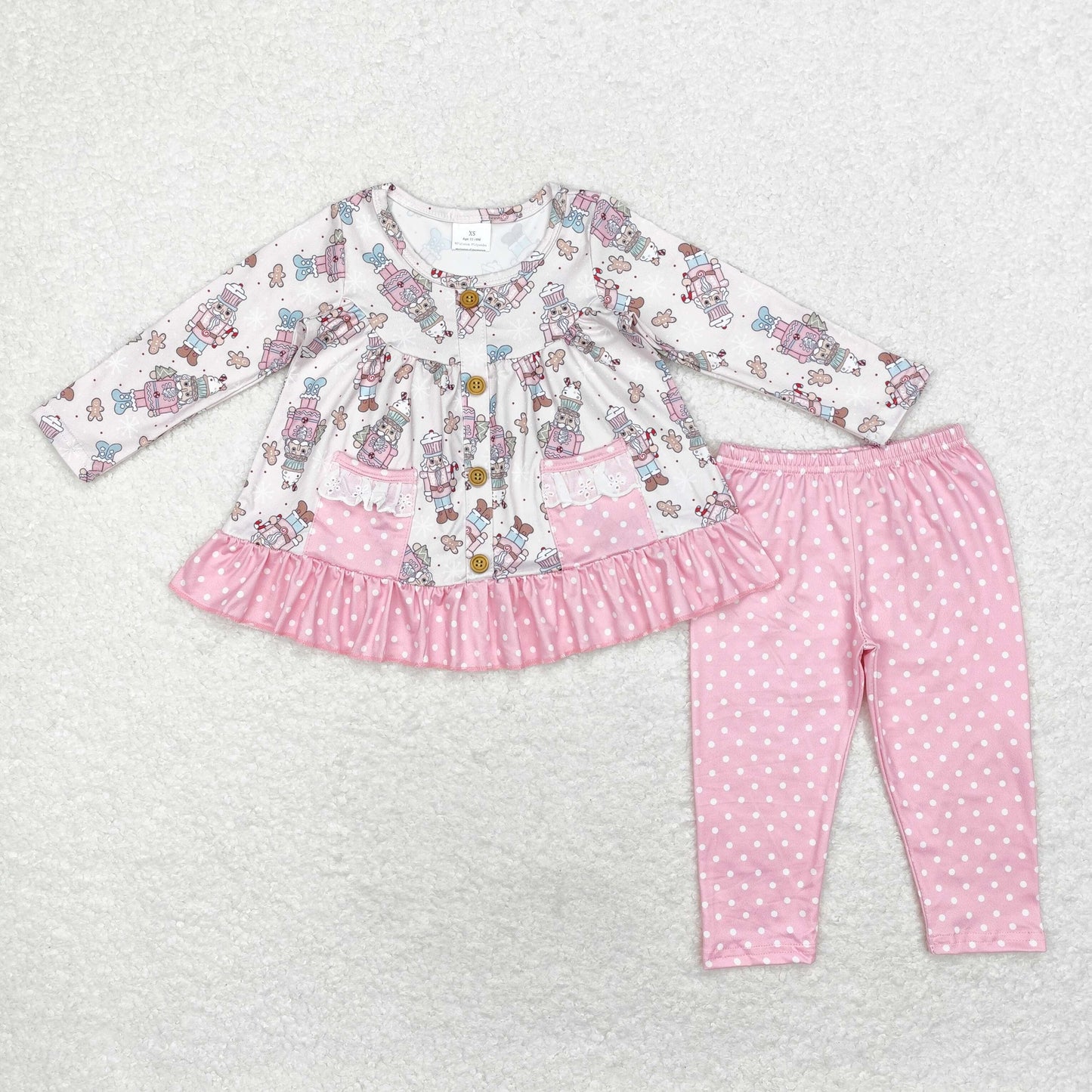 GLP1471 Christmas nutcracker polka dot lace pocket pink long sleeve pantsuit