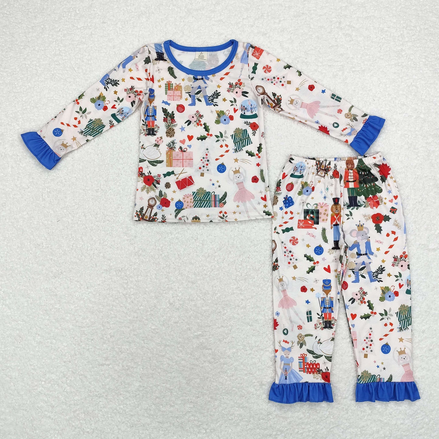 GLP1475 Christmas Tree Nutcracker Blue lace beige long sleeve pants pajamas set