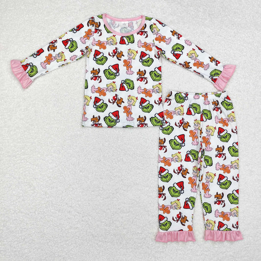 GLP1477 grinch Modal Girls Gingerbread Man Pink lace White long sleeve pants pajama set
