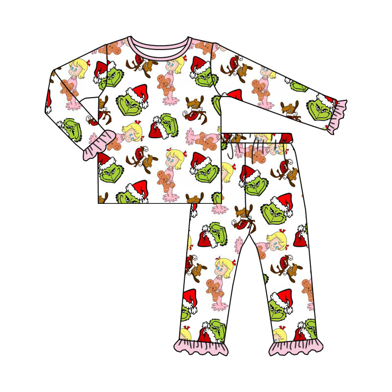 Preorder GLP1477 NO MOQ grinch Girls Gingerbread Man Pink lace White long sleeve pants pajama set