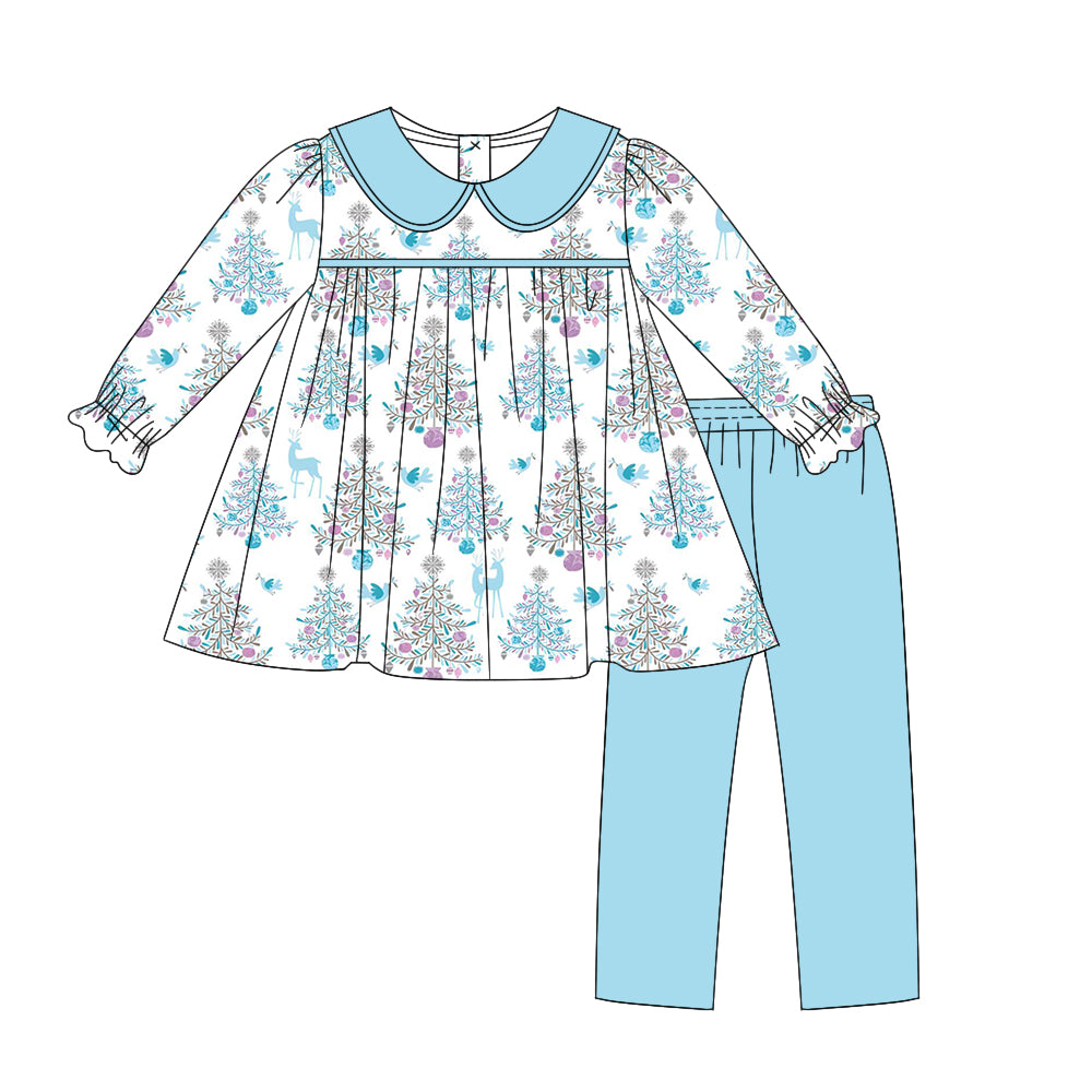 Preorder GLP1486 Christmas tree reindeer blue doll collar white long sleeve pants suit