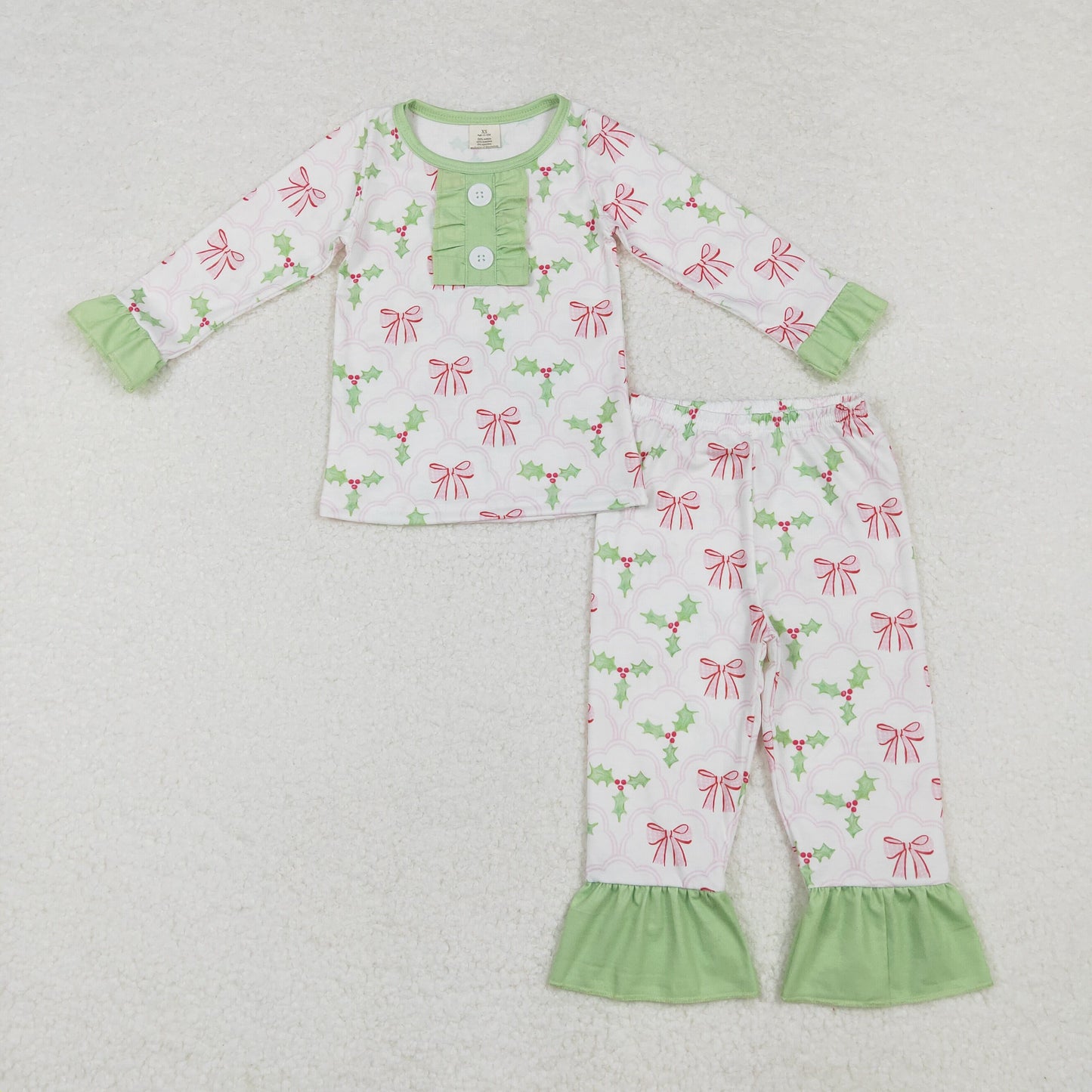 GLP1487 Pink bow pattern leaves Green lace white long sleeve trousers pajamas set