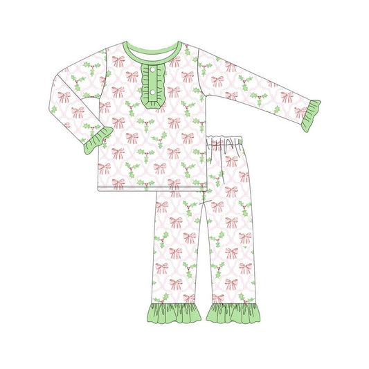 Preorder GLP1487 Pink bow pattern leaves Green lace white long sleeve trousers pajamas set
