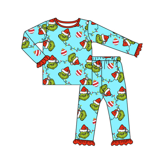 Preorder GLP1489 grinch Light Red lace Blue long sleeve pants pajamas set