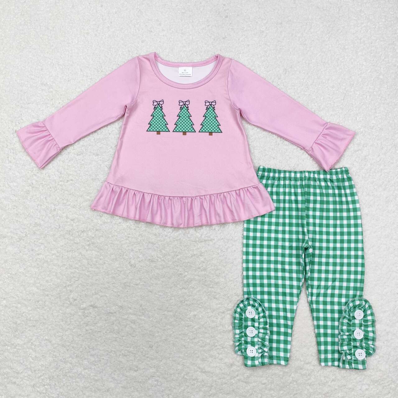 GLP1505 Bow Christmas Tree pink long-sleeved green plaid pantsuit