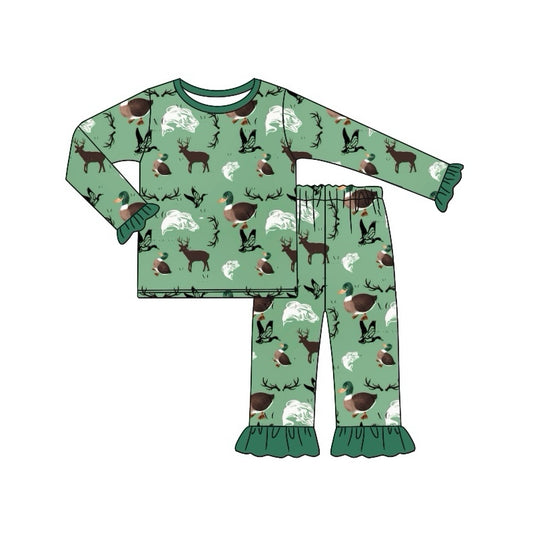 Preorder GLP1519 NO MOQ Duck Fish Elk Lace green long sleeve pants pajama set