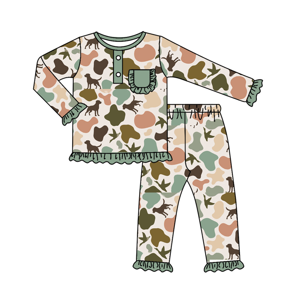 Preorder GLP1520 NO MOQ Puppy Duck Camouflage Green Lace pocket Long sleeve pants pajama set