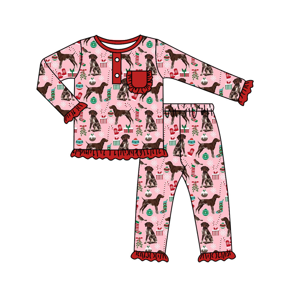 Preorder GLP1522 NO MOQ Christmas Tree Gift Puppy Red Lace pocket Pink Long sleeve pants pajama set