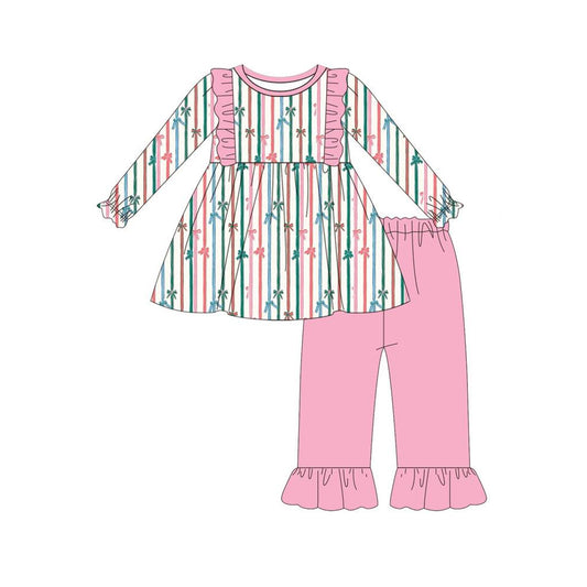 Preorder GLP1523 NO MOQ Colorful striped bow pattern Pink lace long sleeve pantsuit