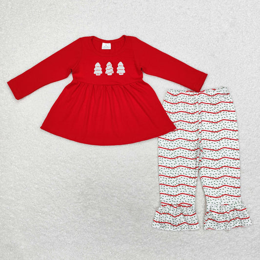 GLP1525 Embroidered Christmas tree cookies Red long sleeve striped pantsuit