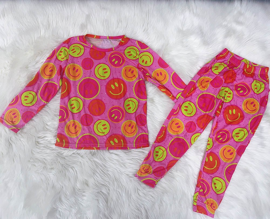 Preorder GLP1526 NO MOQ Smiley face rose red long sleeve pants pajamas set