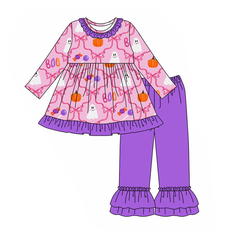 Preorder GLP1533 NO MOQ boo Ghost Pumpkin Bow pattern Purple lace Pink long sleeve pantsuit