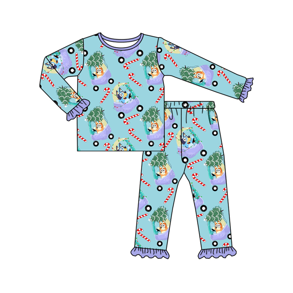 Preorder GLP1535 NO MOQ bluey Christmas Tree buggy Crutch Purple Lace Blue long sleeve pants pajamas set