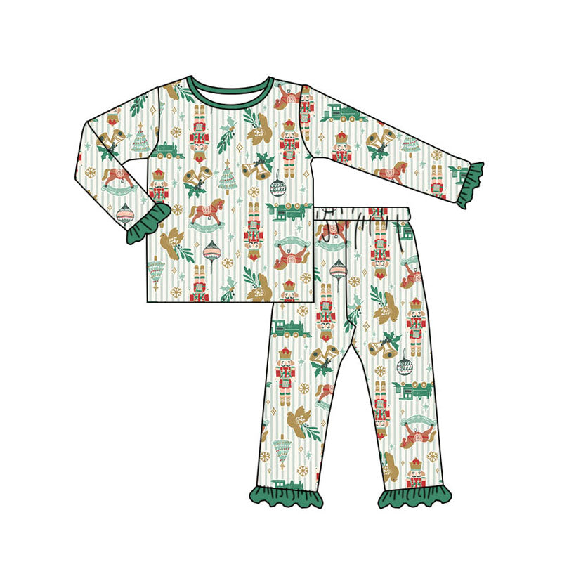 Preorder GLP1536 NO MOQ Nutcracker Train Bird Green Lace striped long sleeve pants pajama set