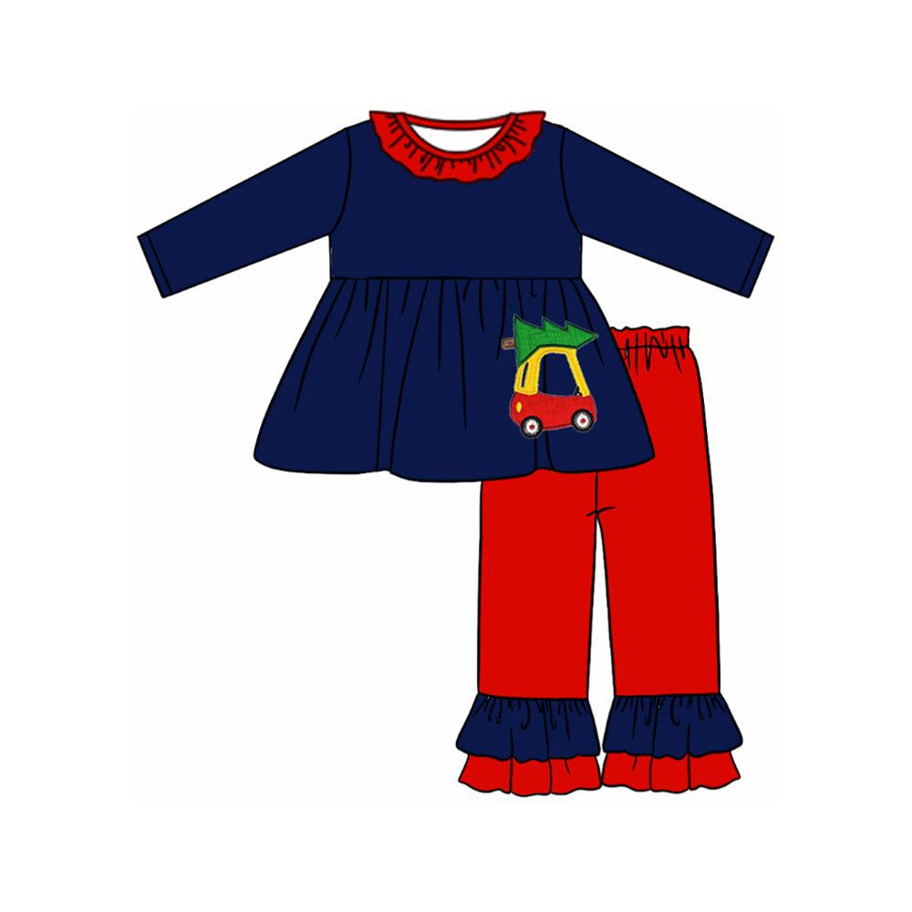 Preorder GLP1541 NO MOQ Christmas Tree car lace navy blue long sleeve red pants suit