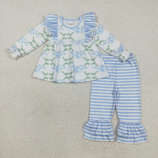 GLP1548 NO MOQ pumpkin green leaf lace long sleeve top blue and white striped pants double lace bottoms 202508 RTS