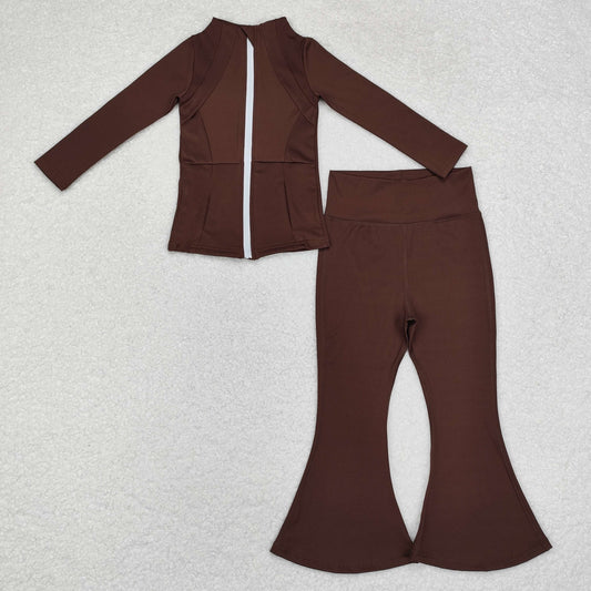 GLP1552 Brown yoga suit with long sleeves and zippers