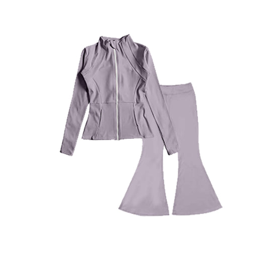 Preorder GLP1553 NO MOQ light purple slim long sleeve top flared trousers