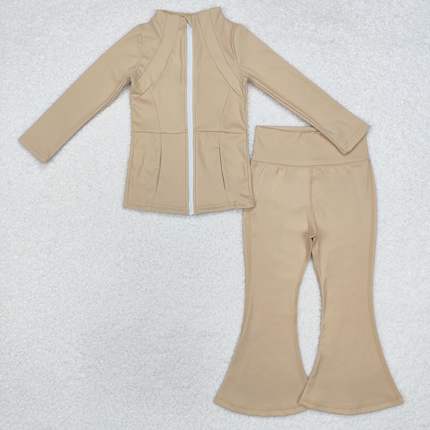 GLP1555 Beige yoga suit with zipper and long sleeve pants