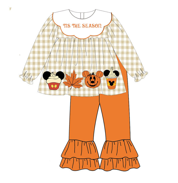 Preorder GLP1562 NO MOQ Mickey Maple Leaf jack-o '-lantern plaid long sleeve Orange Lace pantsuit