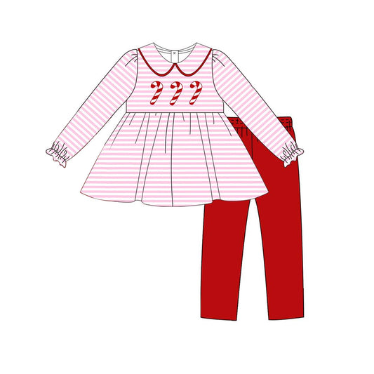 Preorder GLP1563 NO MOQ Christmas Cane Doll collar pink striped long sleeve red pants suit