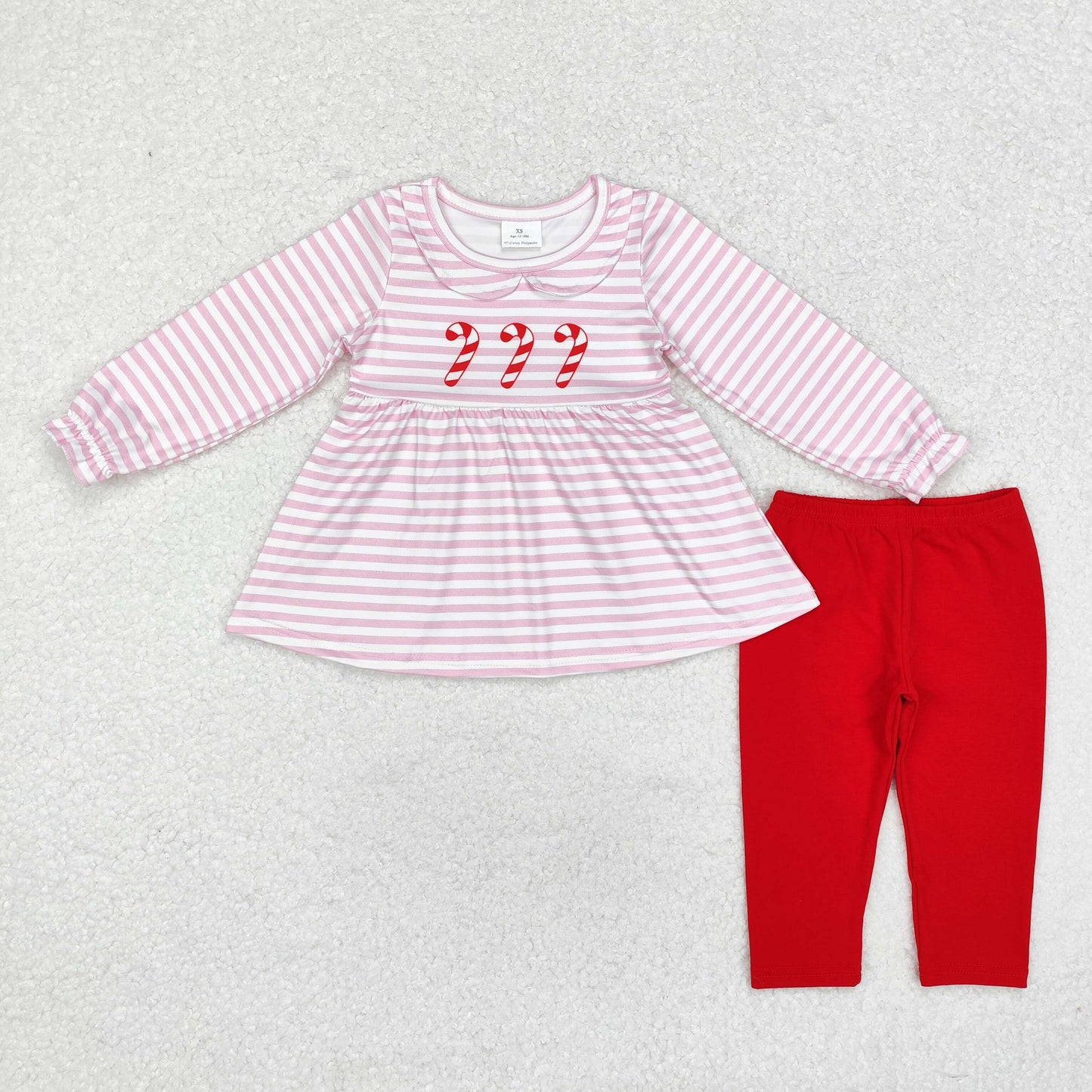 GLP1563 Christmas cane doll collar pink striped long sleeve red pants suit