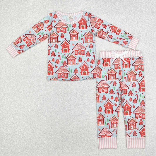 GLP1582 Modal Christmas Tree House Gingerbread Man Blue long sleeve pants pajamas set