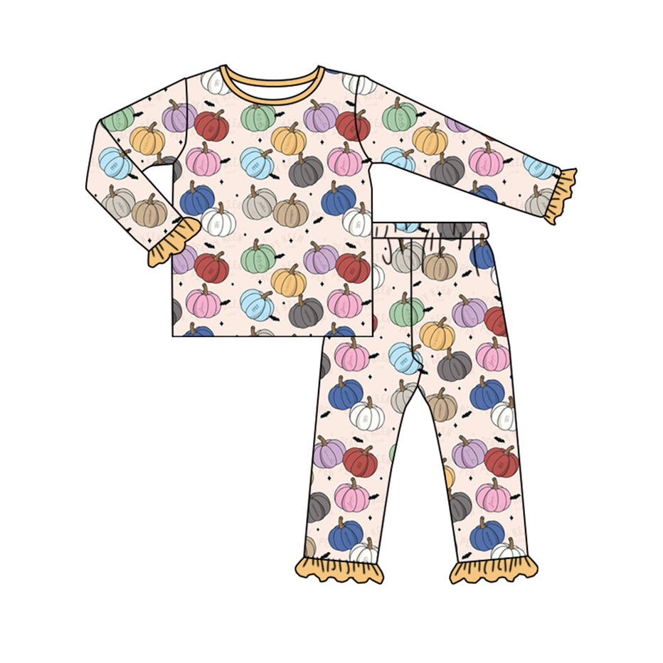 Preorder GLP1584 NO MOQ Colorful pumpkin Yellow lace long sleeve pants pajamas set