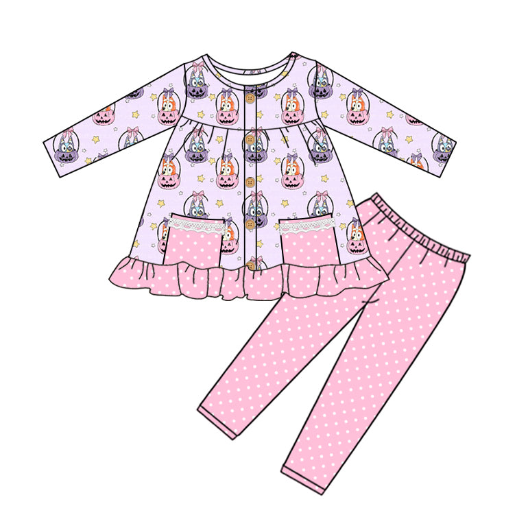 Preorder GLP1592 NO MOQ bluey Halloween Jack-o '-Lantern Stars Polka Dot Pink Lace pockets Purple long sleeve pantsuit