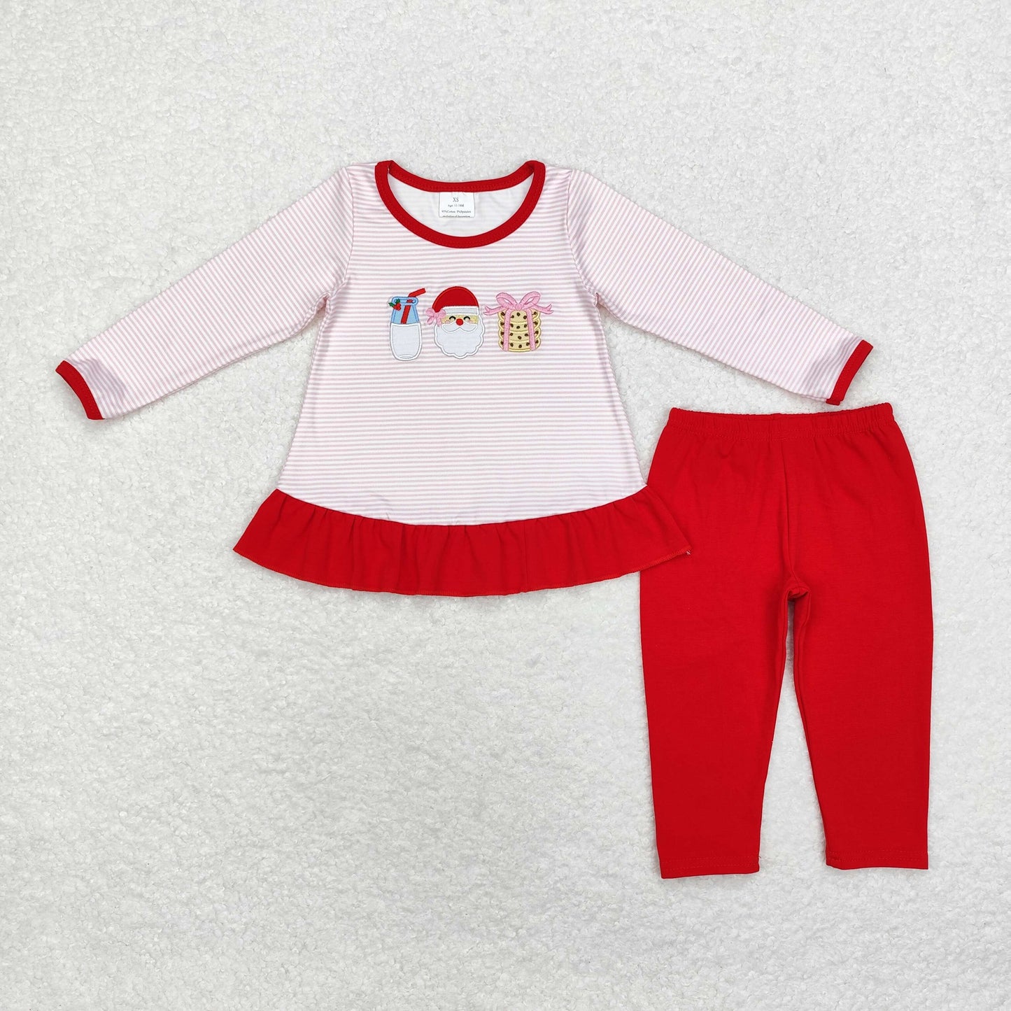 GLP1596 Embroidered Milk Santa cookies Pink striped long sleeve red pantsuit