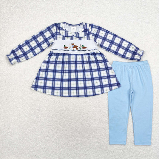 GLP1599 Embroidered duck puppy plaid doll collar long-sleeved blue pantsuit