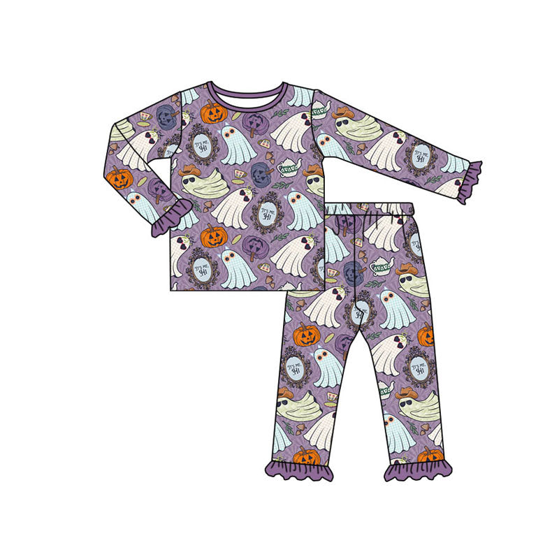 Preorder GLP1602 NO MOQ Pumpkin Ghost Purple Lace Long sleeve pants pajama set