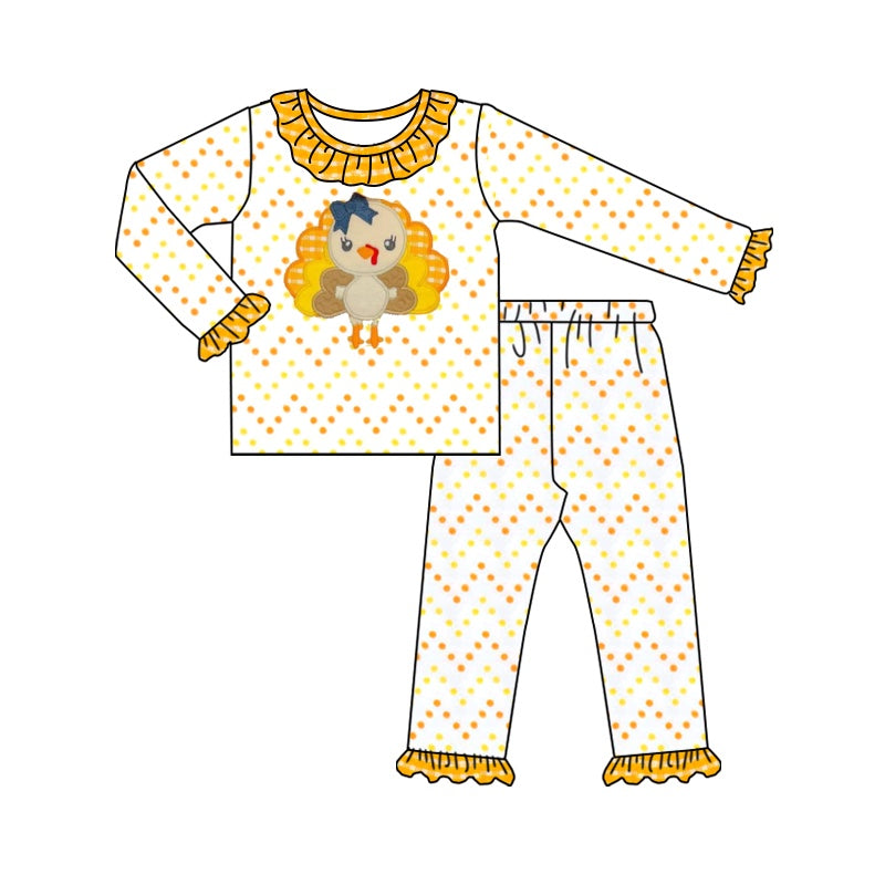 Preorder GLP1603 NO MOQ Turkey yellow-orange polka dot plaid lace white long sleeve pants pajamas set